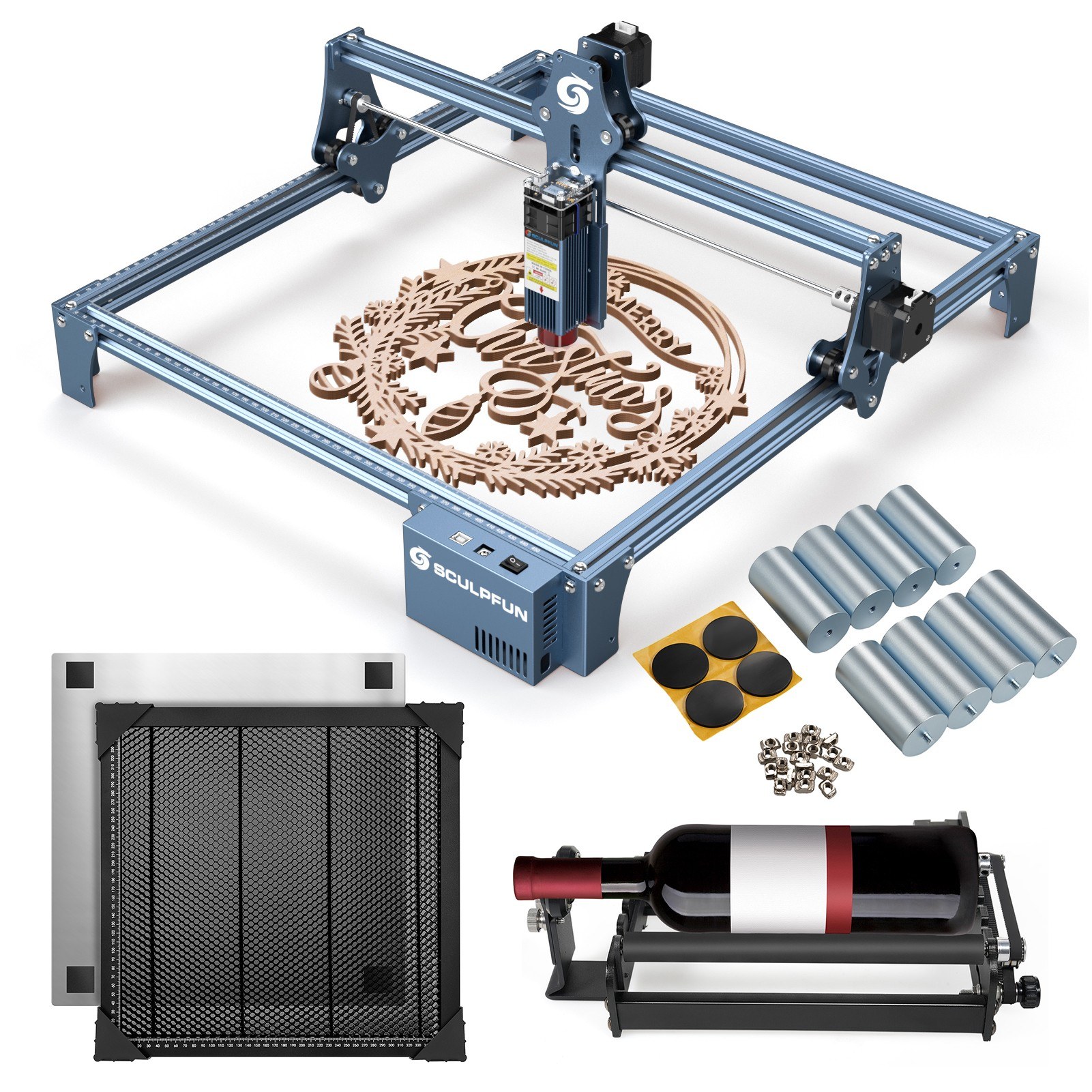 tomtop.com - [EU Clearance Sale] SCULPFUN S9 5W Laser Engraver with Rotary Roller and 8Pcs Height Raised Footpad and 400x400mm Honeycomb Working Table, 275€