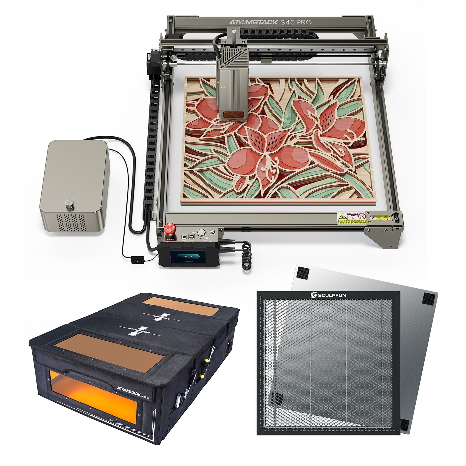 tomtop.com - [EU Warehouse] Atomstack S40 Pro 40W Laser Engraver with Dual Air Assist Pump + FB2 Plus Enclosure + 400x400mm Laser Cutting Honeycomb Table, 1099€