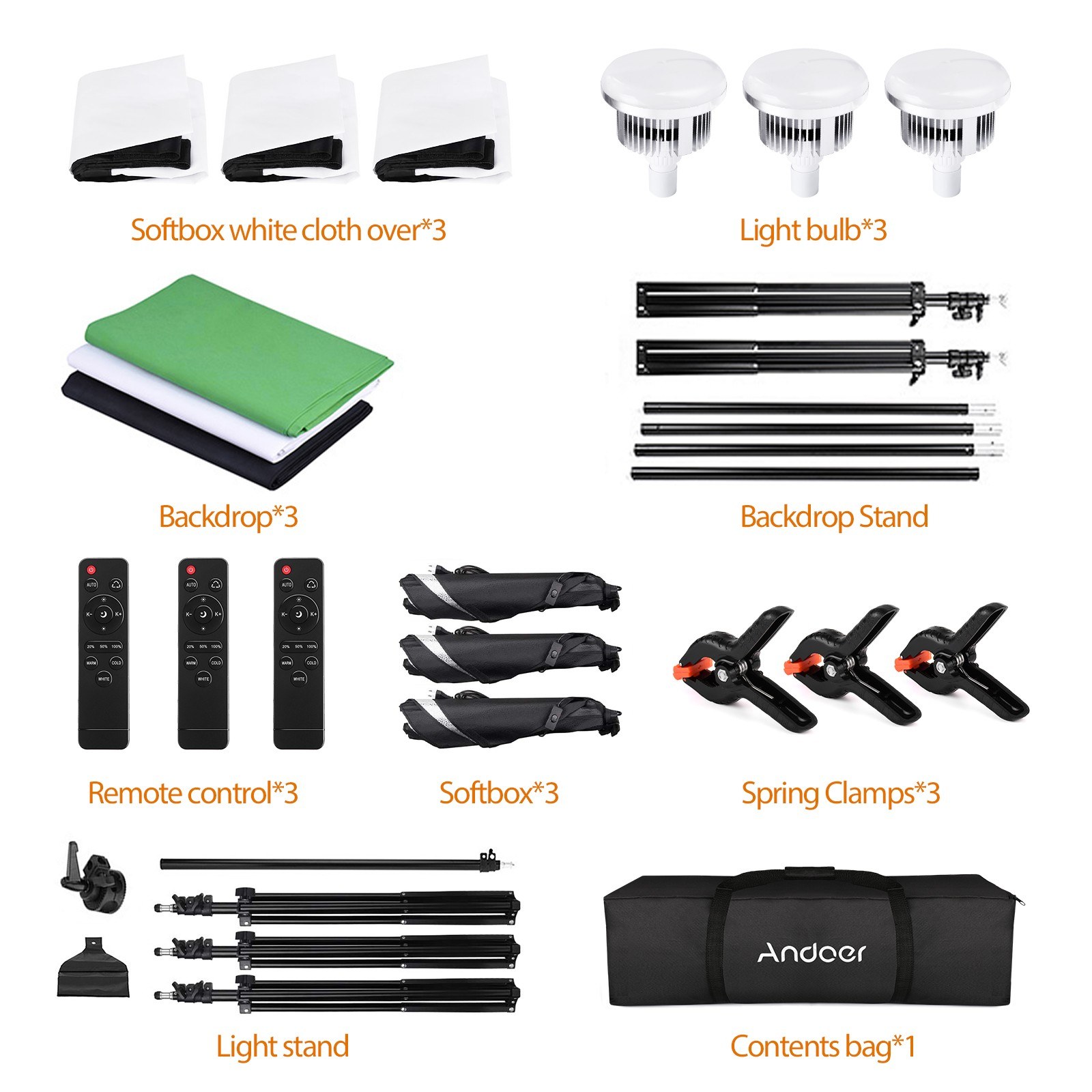 Remote Control * 2 Andoer Studio Photography Light kit Softbox Lighting Set with 85W 2800K-5700K Bi-color Temperature LED Light * 2 2M Light Stand * 2 Carry Bag * 1 50x70cm Softbox * 2 Remote Control * 2 Andoer Studio Photography Light kit Softbox Lighting Set with 85W 2800K-5700K Bi-color Temperature LED Light * 2 2M Light Stand * 2 Carry Bag * 1 50x70cm Softbox * 2
