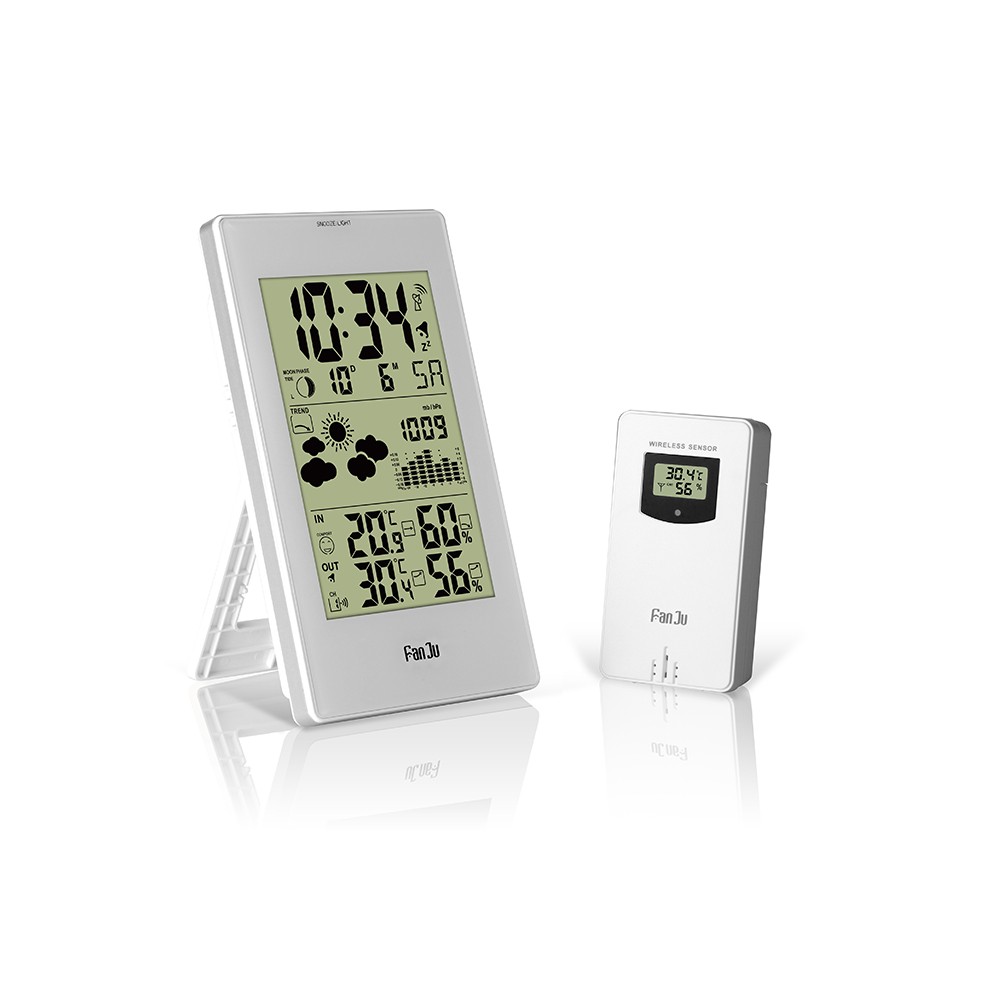FanJu Indoor Outdoor Thermometer Hygrometer Barometer Wireless Weather Station Alarm Clock Weather Forecaster Station Wireless Indoor & Outdoor Temperature & Humidity Meter Digital Backlight LCD Display Date Time Temperature Humidity Moon Phase