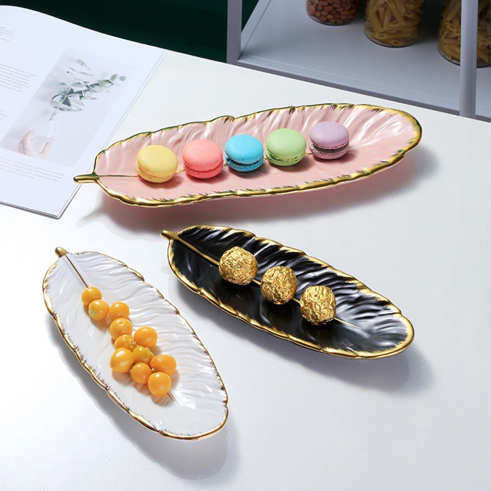 Festnight Placa de hoja Bandeja de plumas realista Decoración de mesa Anillo de joyería de cerámica Soporte de plato de baratija Bandeja de servir decorativa para aperitivos de frutas Joyería