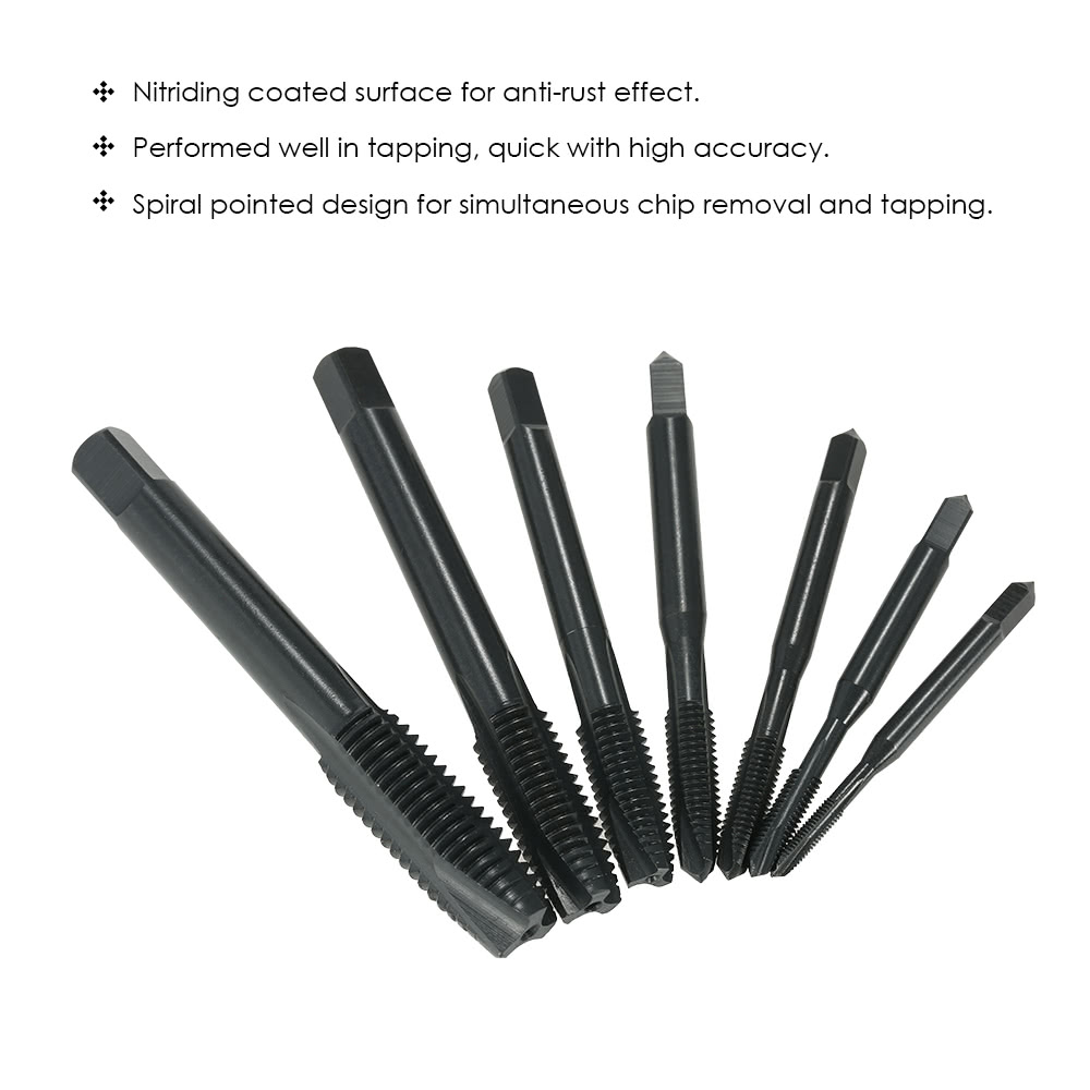 7PCS M3 M4 M5 M6 M8 M10 M12 Nitride High Speed Steel HSS6542 Spiral Pointed Tap Machine Hand Screw Thread Taps Set Thread Metric Plug Tap Drill Bits