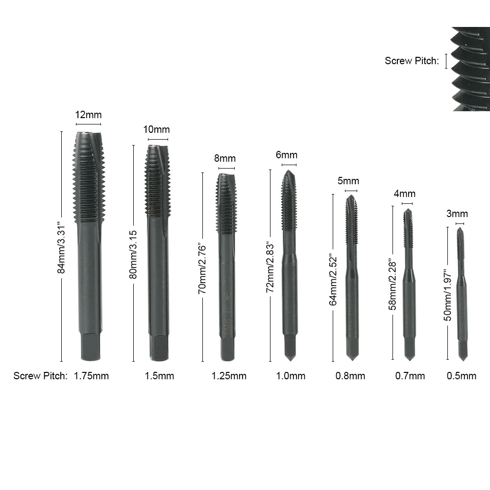 7PCS M3 M4 M5 M6 M8 M10 M12 Nitride High Speed Steel HSS6542 Spiral Pointed Tap Machine Hand Screw Thread Taps Set Thread Metric Plug Tap Drill Bits Sales ...