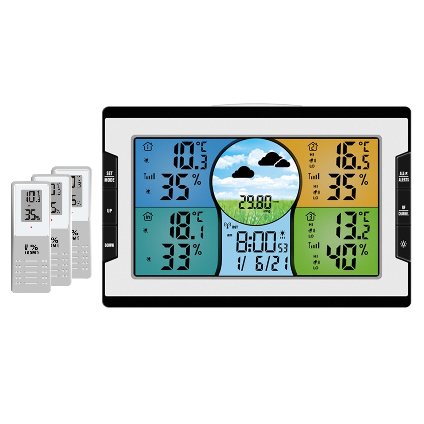 KKmoon Digital Multifunctional Clock RF 4 Channels Indoor & Outdoor Temperature & Humidity Indicator with Warning Alarm Meteorological Station Weather Forecast Air Pressure Large Color Display with Backlight with Calendar Alarm Clock and Snooze