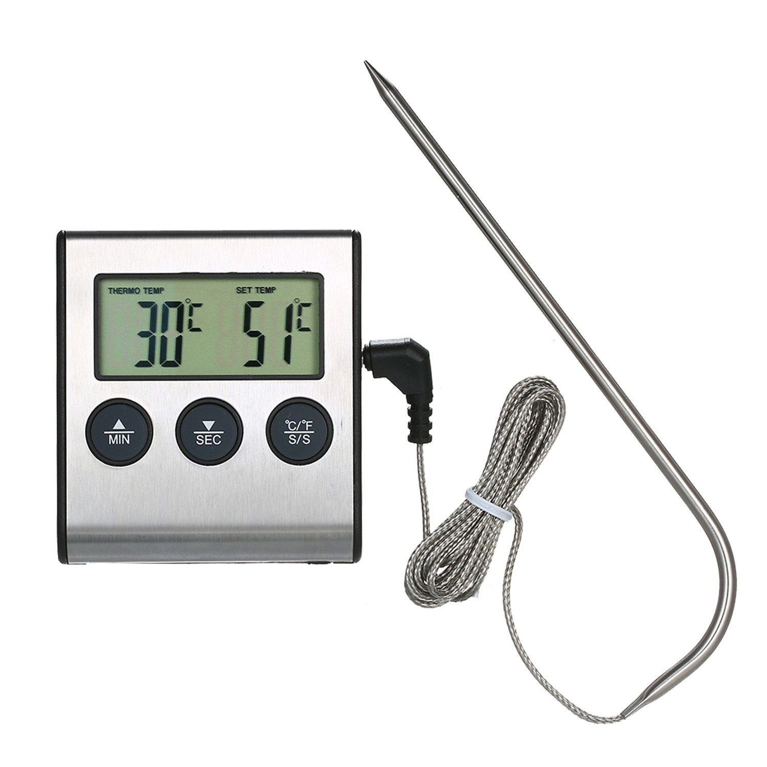BBQ Grill Thermometer Food Thermometer 0~250°C Food Cooking Thermometer with Alarm Timer Function LCD Digital Food Temperature Gauge for Kitchen BBQ Steak Barbecue