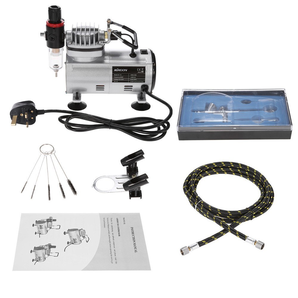 KKmoon Professional Airbrush Kit With Air Compressor Dual-Action Hobby Spray Air Brush Set Nail Art Paint Sprayer with Cleaning Brush
