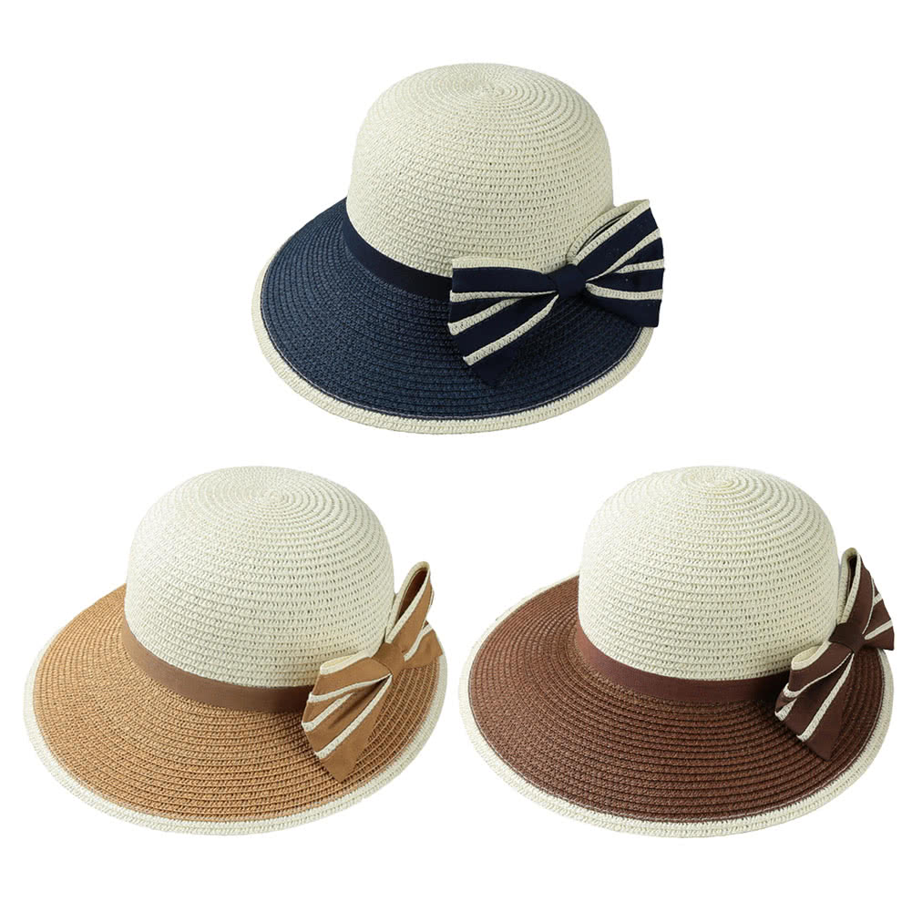 New Fashion Women Bow Straw Hat Contrast Color Wide Brim Summer Beach Sun Cap Floppy Trilby Hat Khaki/Coffee/Dark Blue camel Online Shopping | Tomtop