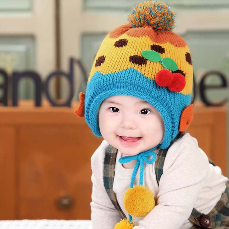 Baby Kids Knitted Hat Cute Cherry Bowknot Fleece Earflap Hat Children Pompom Cap