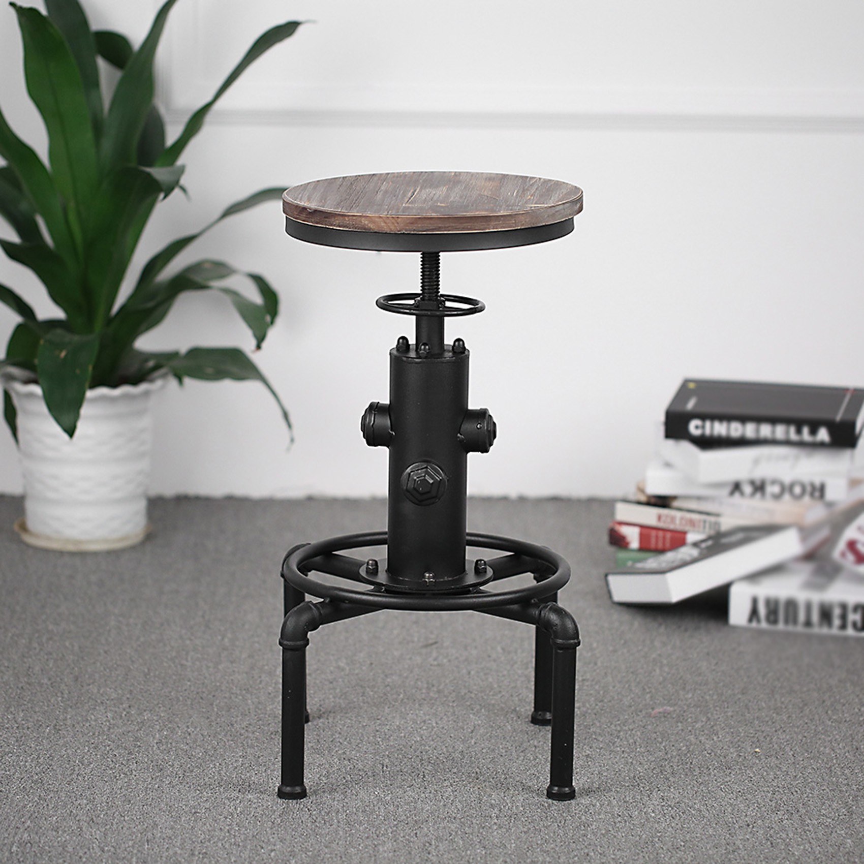 iKayaa Metal Industrial Bar Stool Height Adjustable Swivel Pinewood Top Kitchen Dining Chair Pipe Style Barstool W/ Footrest