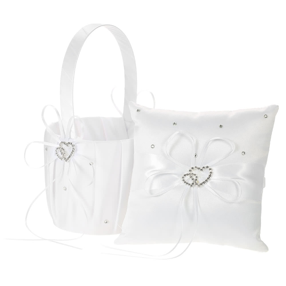 6 * 6 inches Double Heart Satin Ring Bearer Pillow and Wedding Flower Girl Basket Set with Rhinestone Ribbon Decoration White