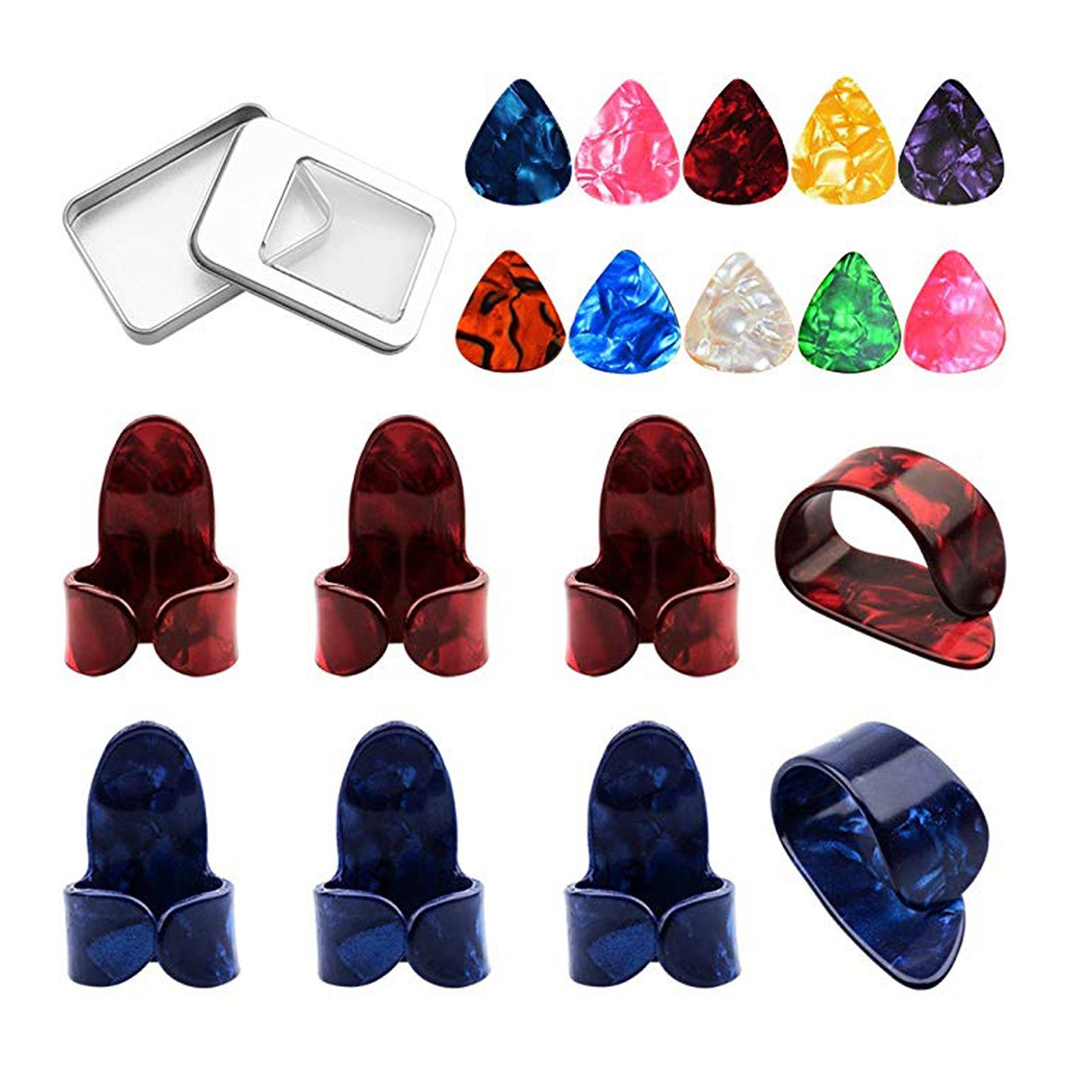 Guitar Picks Kit 10pcs Celluloid Picks + 6pcs Finger Picks + 2 Thumb Picks + Storage Box Guitar Accessories for Acoustic Guitar Beginners(Random Color Delivery)