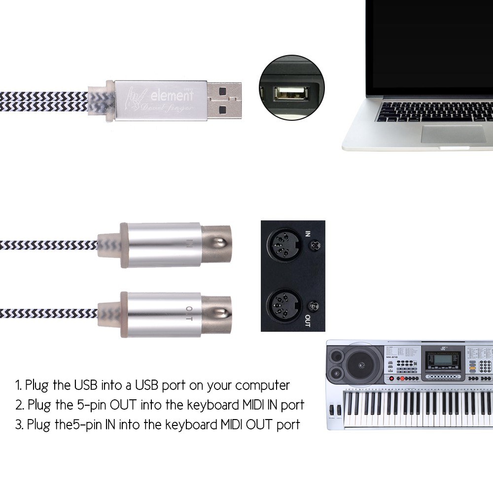 MIDI INOUT to USB Cable Cord Aluminum Alloy Plugs for Connecting