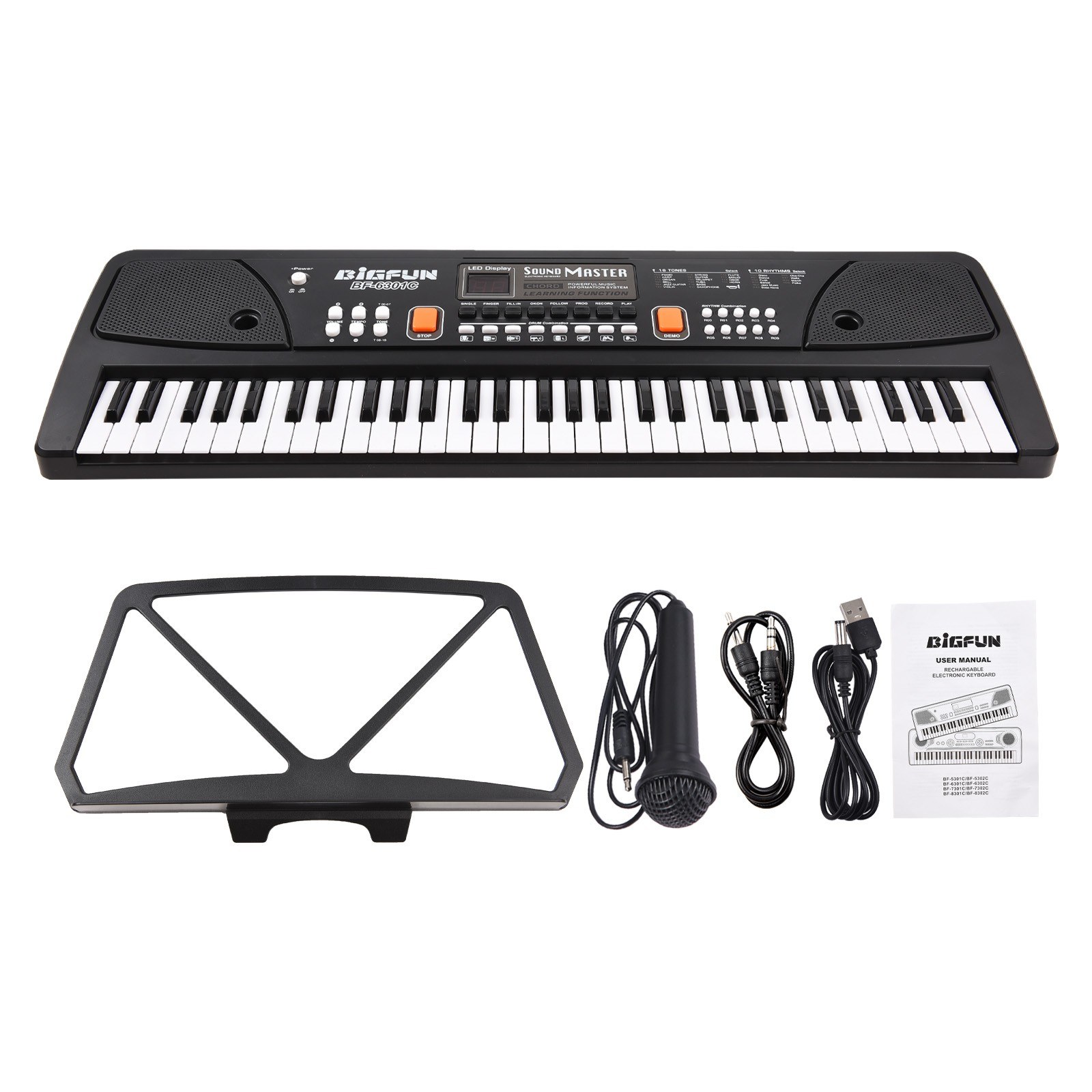 BIGFUN 61 Keys Rechargeable Electronic Organ Kids Electric Piano with Microphone Black Digital Music Electronic Keyboard with LED Display Built-in Dual Stereo Speakers with 16 Tones 10 Rhythms 6 Demo Songs 8 Percussion Kids Gift Musical Instrument