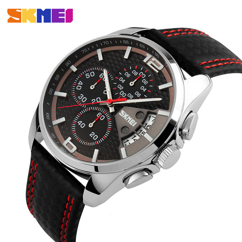 SKMEI New Men Sport Watch Leather Fashion Waterproof Date Luxury Business Man Chronograph Watch Black red Online Shopping | Tomtop