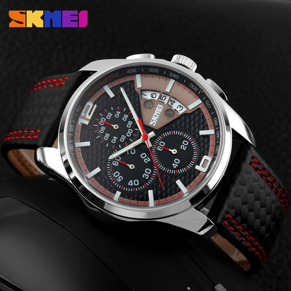 SKMEI New Men Sport Watch Leather Fashion Waterproof Date Luxury Business Man Chronograph Watch Black red Online Shopping | Tomtop