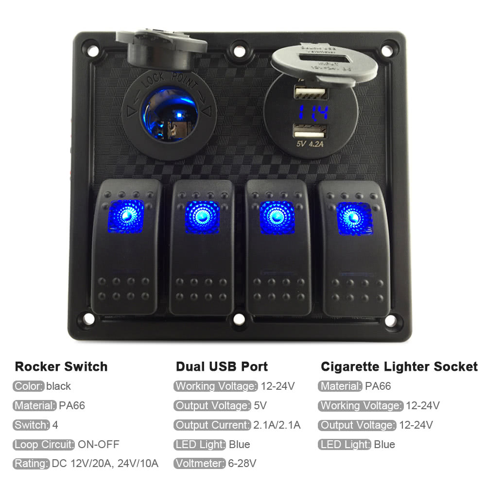 12V-24V Waterproof 4-Gang Toggle Switch Panel Led Rocker Switch Panel with Cigarette Lighter Socket Dual USB Port Voltmeter for Car Boat Marine Motorcycle ...