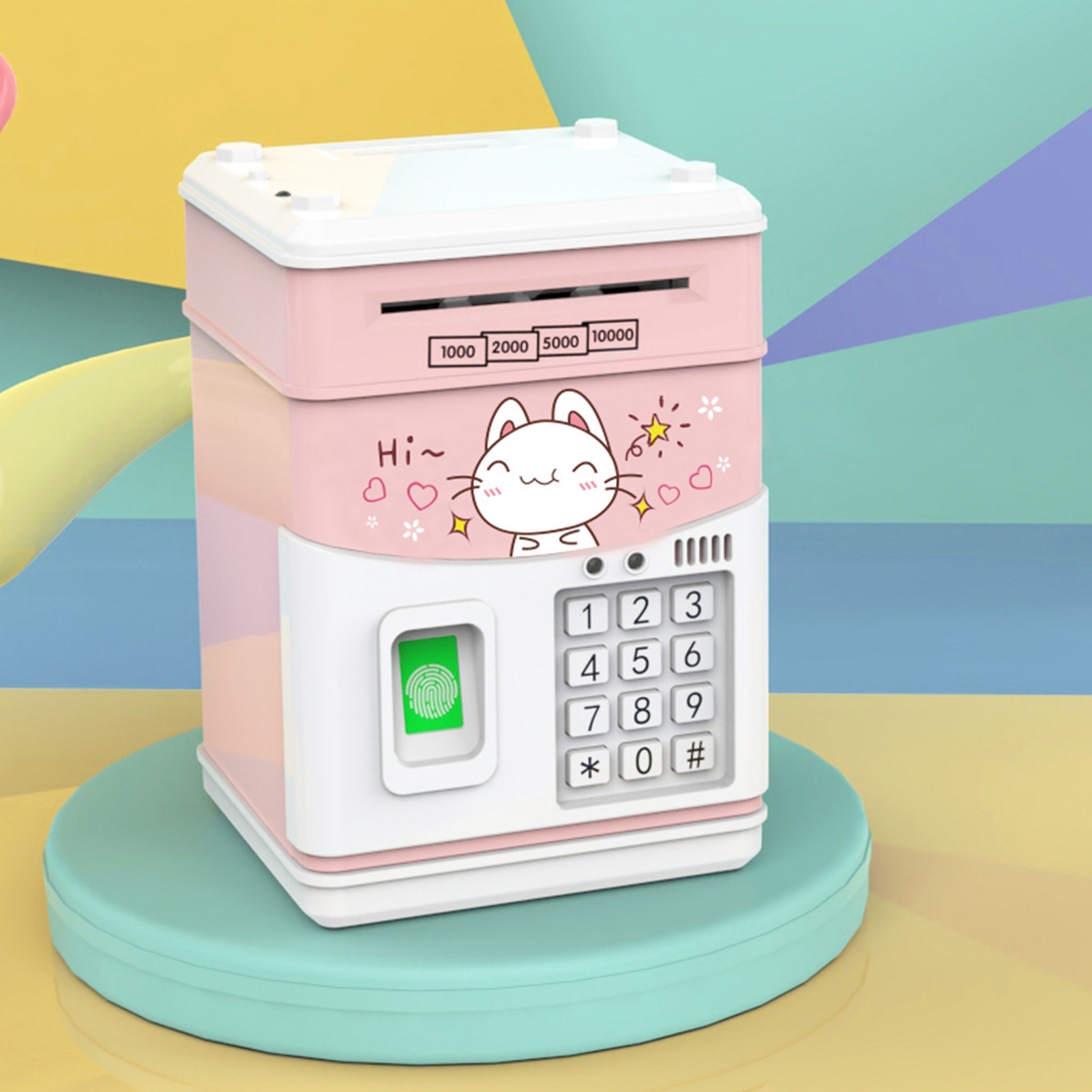 Electronic Piggy Bank MINI ATM Saving Box with Password Simulated Fingerprint Money Bank for Cash Coins Auto Scroll Paper for Boys Girls Kids Safe Bank Box Perfect Birthday Gifts