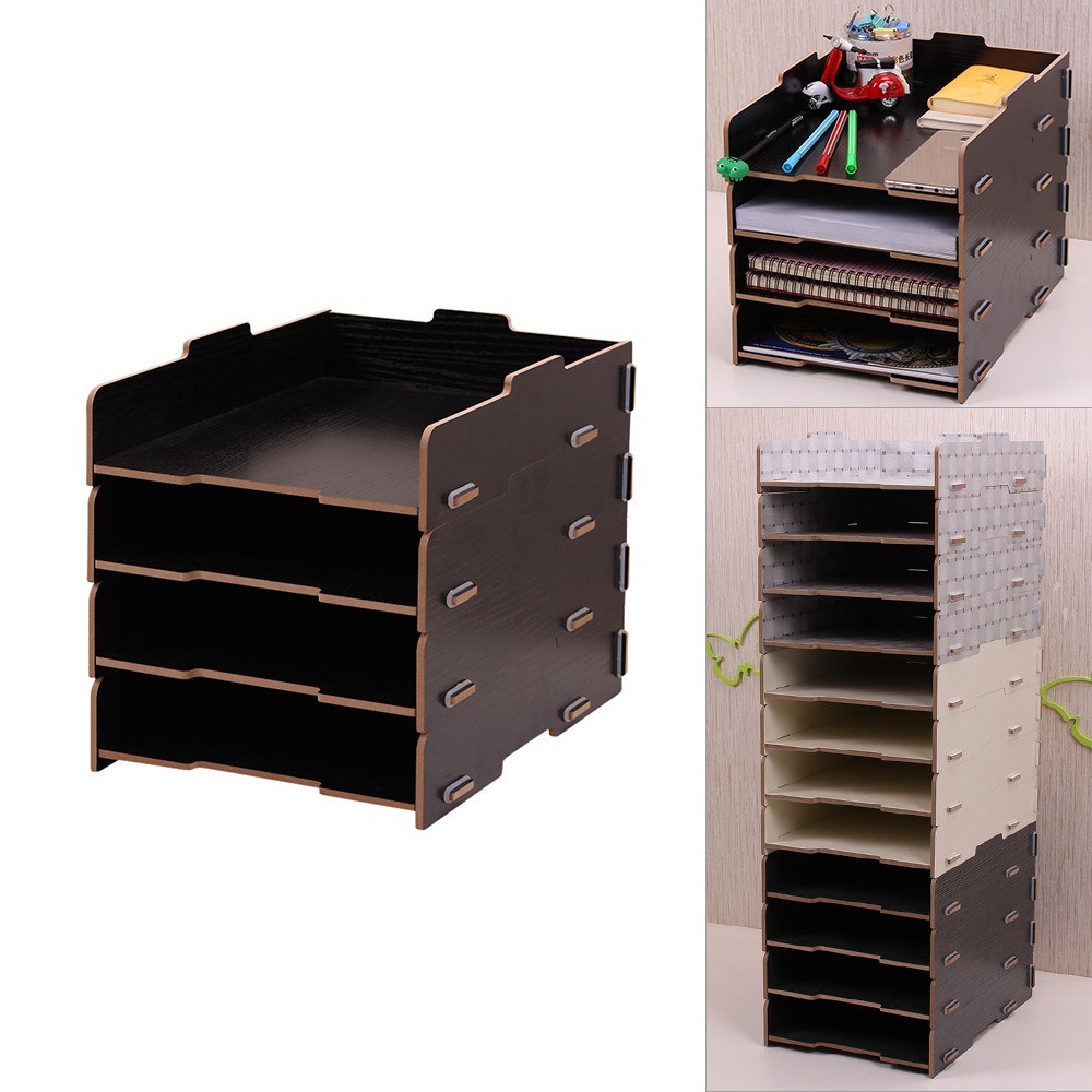 Desktop File Organizer Wood Document Holder Letter Tray 4 Layers for