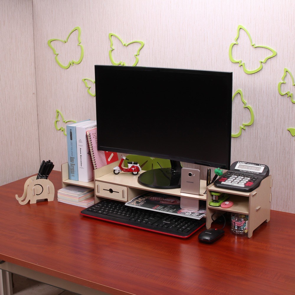 Diy Storage Shelf Monitor Stand Riser File Organizer Stationery Diy Storage Shelf Monitor Stand Riser File Organizer Stationery Holder Office Desk Wood S Beige Tomtop