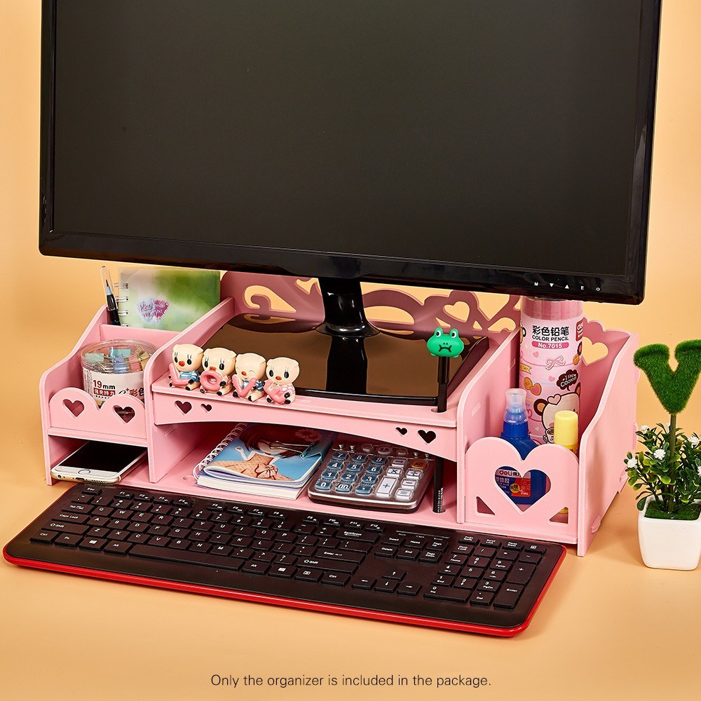 Wooden Monitor Stand Riser Computer Desk Organizer with Stationeries Storage Slots for Office ...