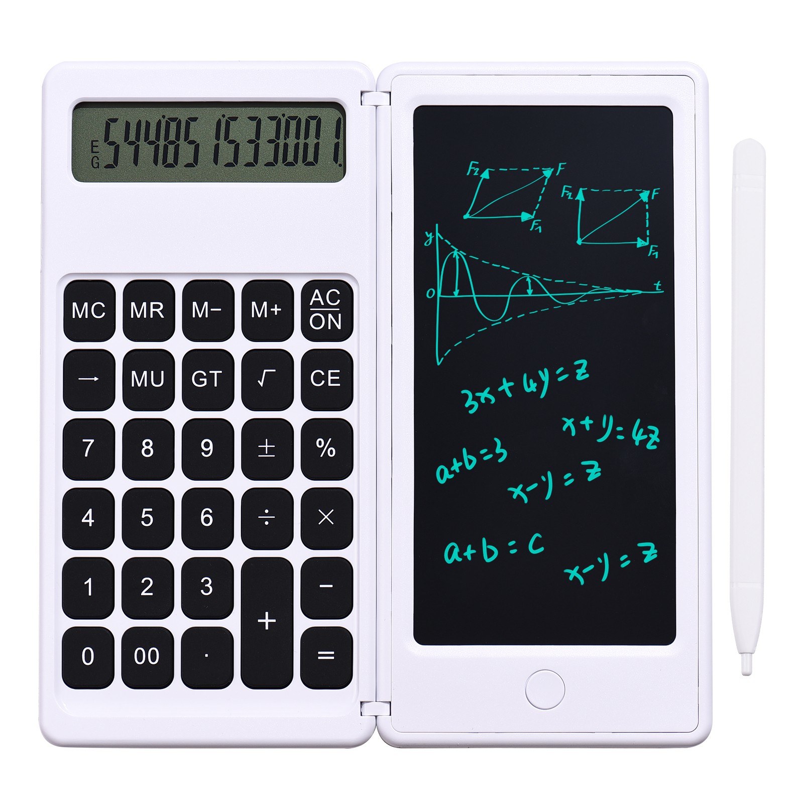 Foldable Calculator & 6 Inch LCD Writing Tablet Digital Drawing Pad 12 Digits Display with Stylus Pen Erase Button for Children Adults Home Office School Use
