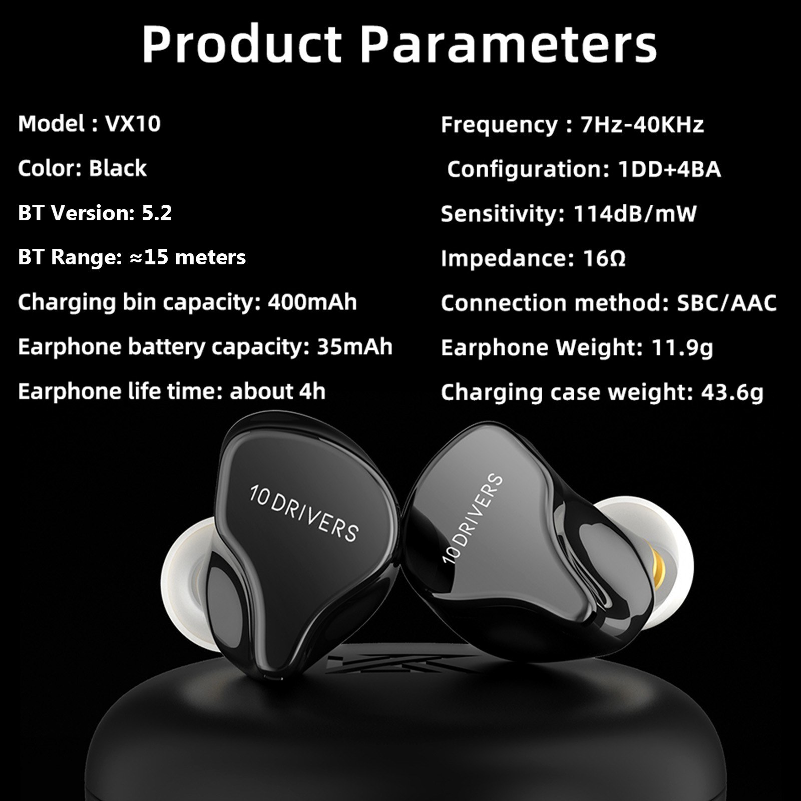 KZ VX10 10 Unit Wireless Earphone in-Ear 1DD+4BA Hybrid BT Headphone ...
