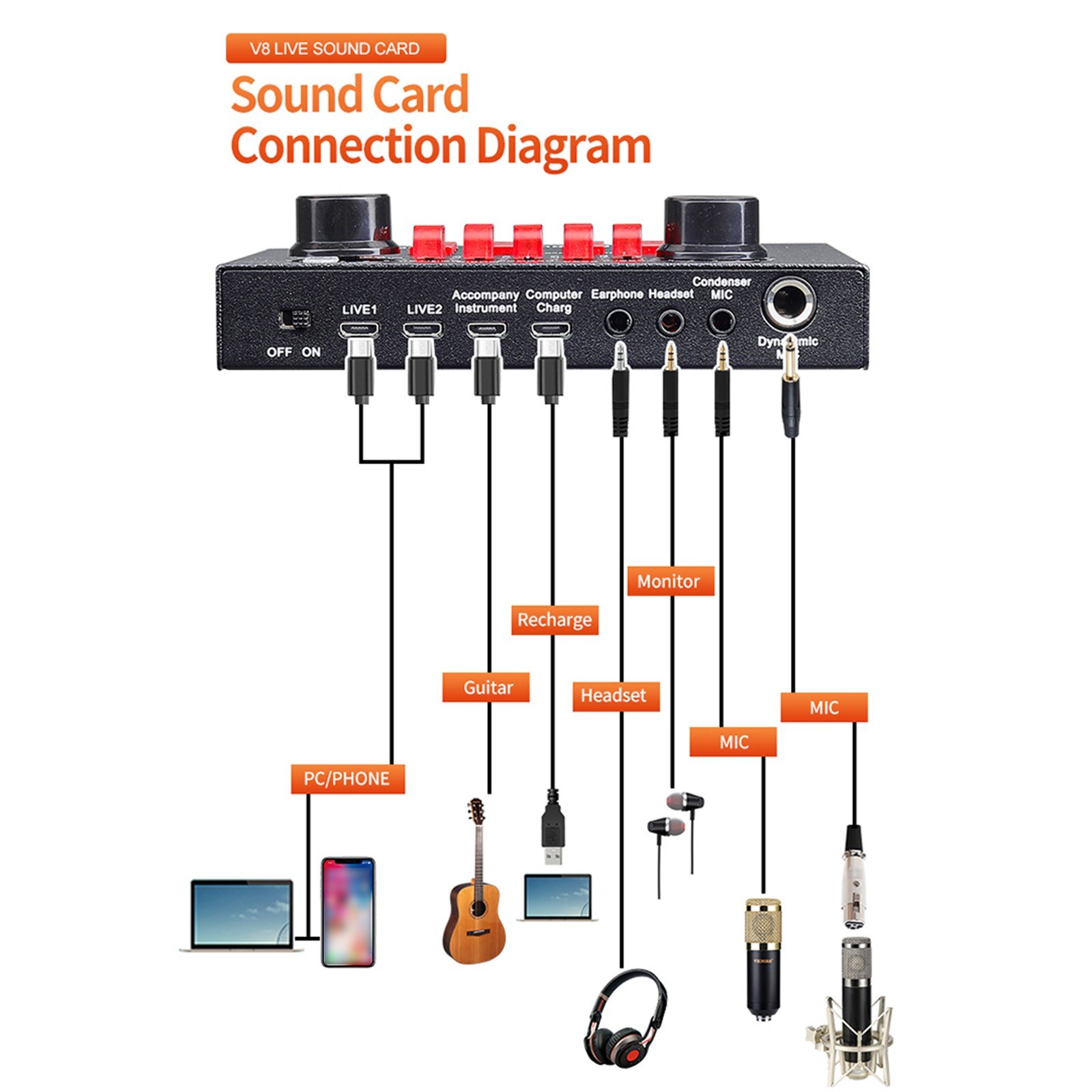 V8S Audio Karaoke BT Mixer Multifunctional External Sound Card 6 Sound