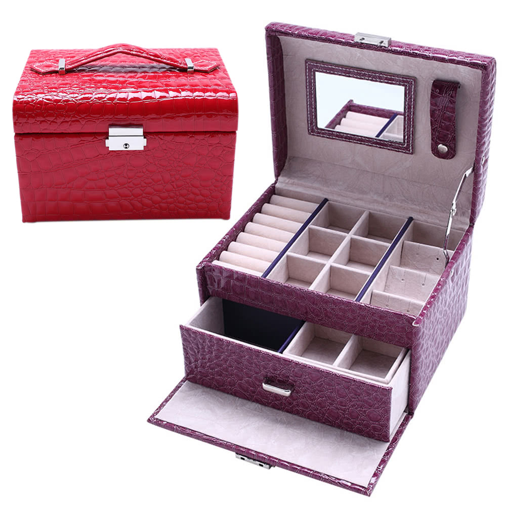 Portable Handheld Fashion High Grade PU Leather Jewelry Box 2 Layers Holder Storage Case Watch Necklace Ring Earring Accessories Display Drawer With Makeup Mirror Inside