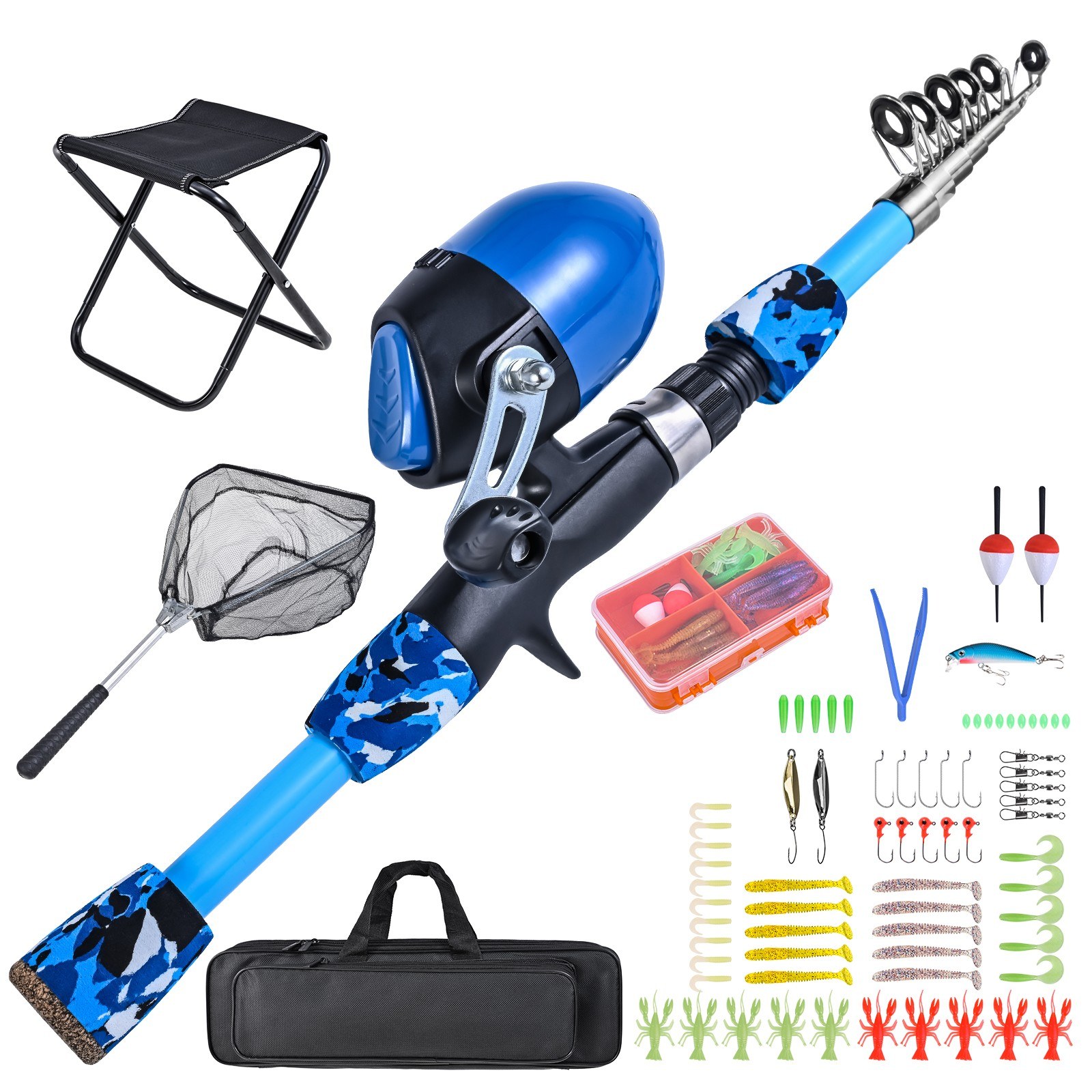 Kids Fishing Rod and Reel Combo with Collapsible Fishing Stool Landing Net Telescopic Fishing Pole Tackle Box Accessories for Boys and Girls