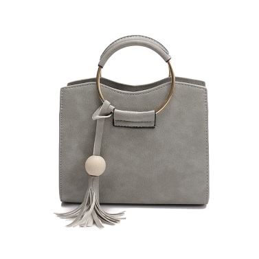 New Women Bag Shoulder Bag Handbag PU Leather Metal Ring Handle Tassel Tote Crossbody Bag Black/Grey/Pink