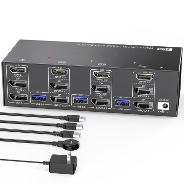 KCEVE KVM303DH Switcher HDMI-Compatible KVM 3 in 3 out 8K@60Hz, 4K@144Hz Triple Monitor USB 3.0 HDMI-Compatible+DP Switcher For Keyboard, Mouse, U-Disk and Printer Compatible with Linux, Windows, Chro