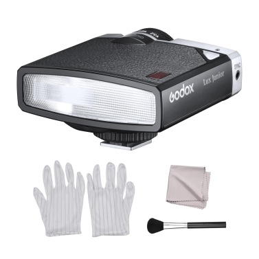 Godox Lux Junior Retro Camera Flash 1/1-1/64 Flash Power 28mm Focal Length Camera Flash + 3-in-1 Cleaning Kit with 1 Pair Anti-static Gloves 1 Lens Brush 1 Cleaning Cloth