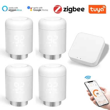 4pcs Tuya Zigbee Thermostatic Radiator Valves Intelligent Wireless Mobilephone App Control + Tuya ZigBee3.0 Wireless Intelligent Home Gate-way Compatible with Alexa Google Home