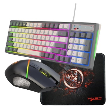 HXSJ Wired Keyboard and Mice Combo with Mice Pad 96-Keys Compact Keyboard with Colorful Lights 4 Adjustable Speeds Quiet Mice for Laptop/PC