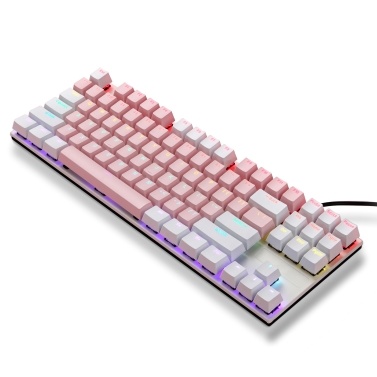iBlancod K87 87 Keys Wired Mechanical Keyboard Metal Panel Two-color Injection Keycap 20 Light Effects White&Pink(Red Switches)