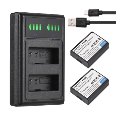 LP-E10 Battery Charger 2-slot with LED Indicators + 2pcs LP-E10 Batteries 7.4V 2200mAh with USB Charging Cable Replacement for Canon 1100D   1200D 1300D Rebel T3 T5 KISS X50 X70