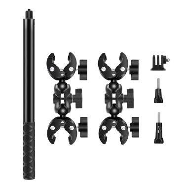 PULUZ PU495B Motorcycle Bike Handlebar Mount Handlebar Clamp Mount & 59 Inch Selfie Stick Kit Replacement for GoPro Hero 12/11/10, Insta360 ONE X4/X3/X2