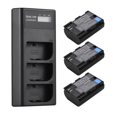 LP-E6 Battery Charger 3-Slot Charger with LED Indicators Micro USB and Type C Port + 3pcs LP-E6 Batteries 7.4V 2650mAh