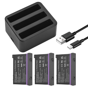 Panoramic Camera Battery and Charger Kit with 3-slot Battery Charger + 3pcs Batteries 3.85V 2500mAh + Type-C Charging Cable Replacement for Insta360 X4