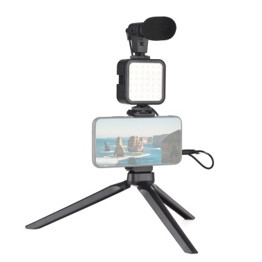 Vlog Shooting Kit Mini LED Video Light + Super Cardioid Condenser Microphone + Extendable Phone Clip + Tripod with 3 Levels of Adjustable Brightness for Phone Live Stream Vlog Video Shooting Video Con