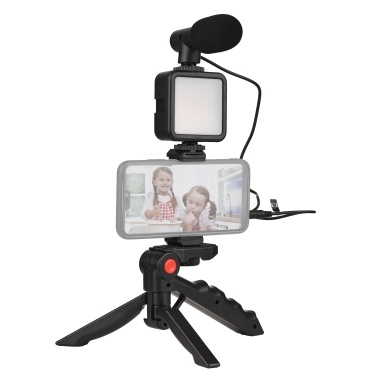 Smartphone Vlog Kit Mini LED Video Light + Cardioid Microphone + Extendable Phone Clip + Tripod with Adjustable Brightness