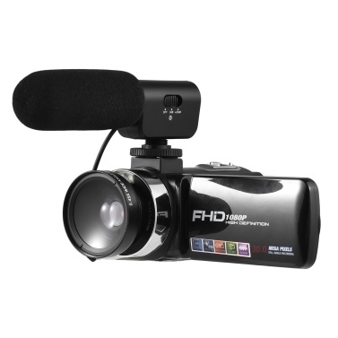 FHD 1080P Digital Video Camera Camcorder DV Recorder with 2pcs Batteries + Remote Control + Camera Holder + External Microphone + 0.45X Wide Angle Lens