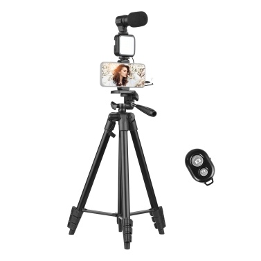 53 Inch Tripod Vlog Kit Smartphone Photography Set Tripod + LED Light + Microphone + Smartphone Clip + Remote Control for Vlog Recording Microfilm Making Live Stream