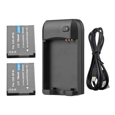 NP-6L Battery Charger with LED Indicator Light + 2pcs NP-6L Batteries 3.7V 700mAh with USB Charging Cable