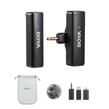BOYA BOYALINK A1 2.4GHz Wireless Lavalier Microphone System Clip-on Microphone 100m Transmission Range Noise Reduction Auto Sync with Receiver +1pcs Transmitter + 3pcs Adapters