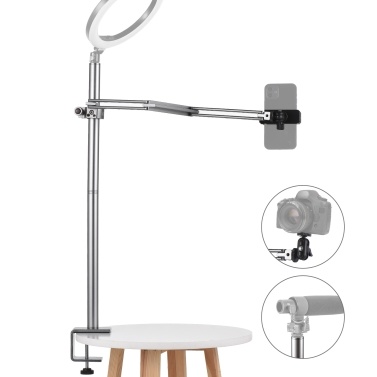 Universal Desk Mount Stand Tabletop Live Broadcast Boom Arm 2kg Load Capacity with Flexible Arm Rotatable Ballhead Phone Holder for Smartphone DSLR Camera Webcam LED Video Light