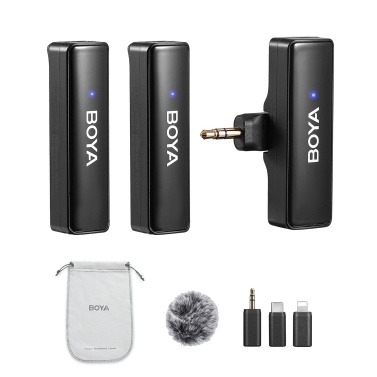 BOYA BOYALINK A2 2.4GHz Wireless Lavalier Microphone System Clip-on Microphone 100m Transmission Range Noise Reduction Auto Sync with Receiver + 2pcs Transmitter + 3pcs Adapters