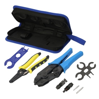 8 PCS MC4 Crimping Tool Kit with Storage Bag Contains 1 Pair Solar Cable Connectors 2 PCS Spanner Wrench 1 PCS Wire Stripper 1 PCS Wire Crimpers