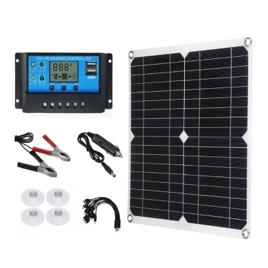 18V 25W Monocrystalline Solar Panel Kit Dual USB Cellphone Recharger Outdoor Camping Waterproof with 12/24V 60A PWM Solar Controller