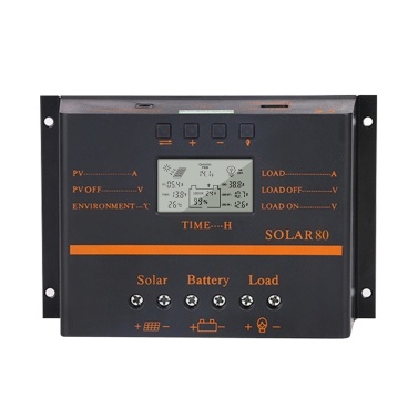 80A PWM Solar Charge Controller 12V/ 24V Self-Adapting LCD Solar Panel Battery Charge Discharge Regulator with 5V USB Output Temperature Compensation Multiple Protections